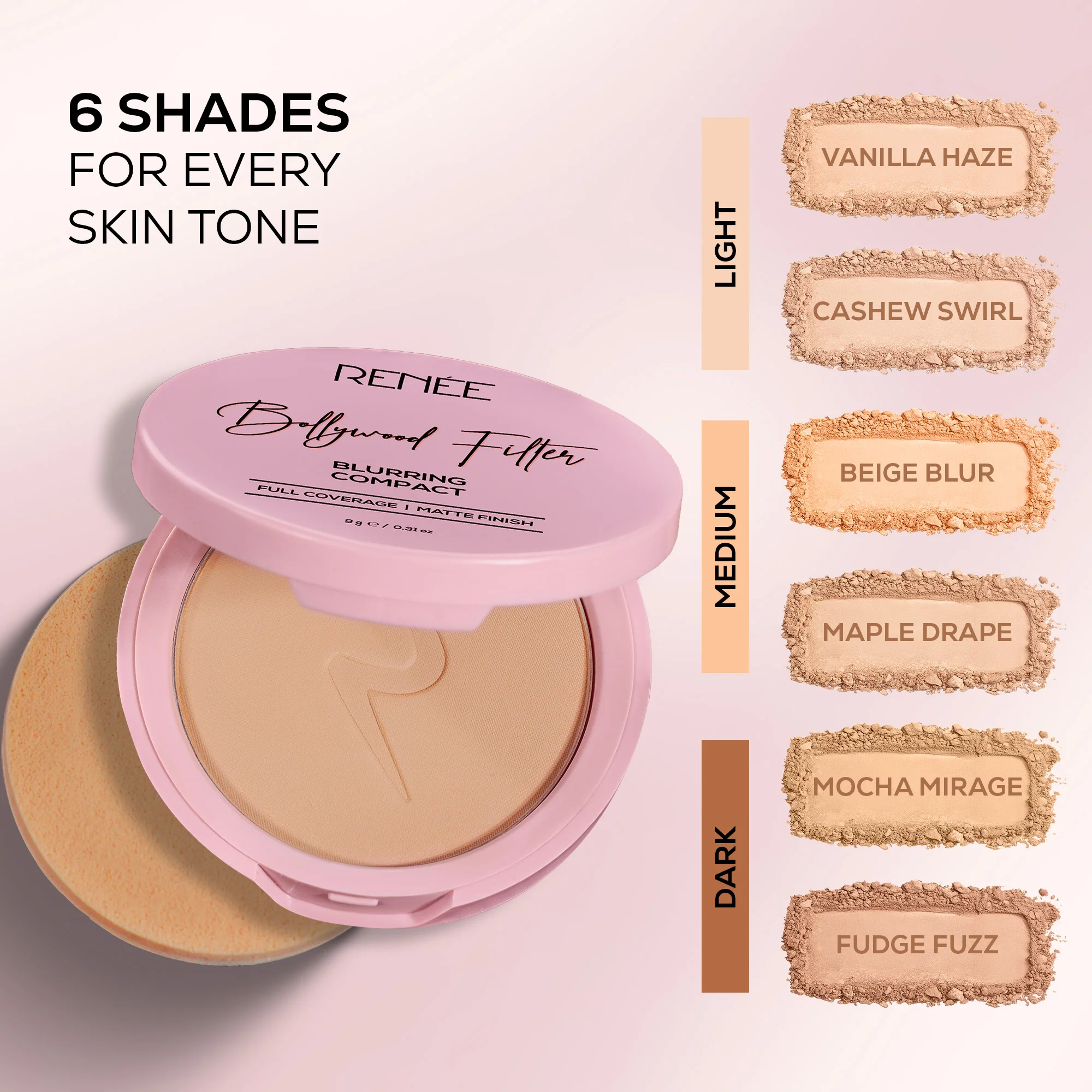 RENEE Bollywood Filter Pore Minimising Blurring Compact With Matte Finish & Full Coverage, 9 g - Image 41
