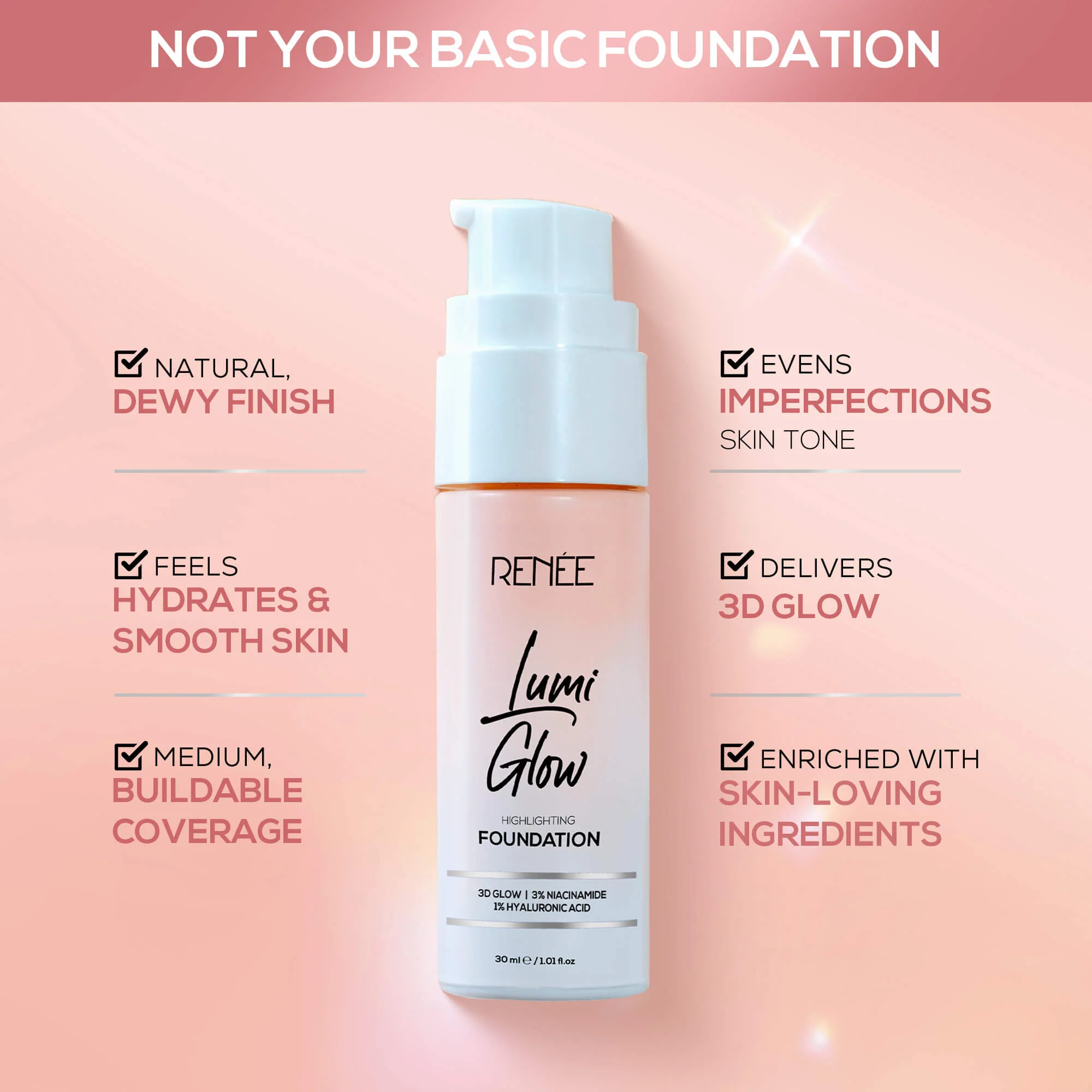 RENEE Lumi Glow Highlighting Liquid Foundation With Dewy Finish, Buildable Coverage & 3D Glow, 30 ml - Image 10