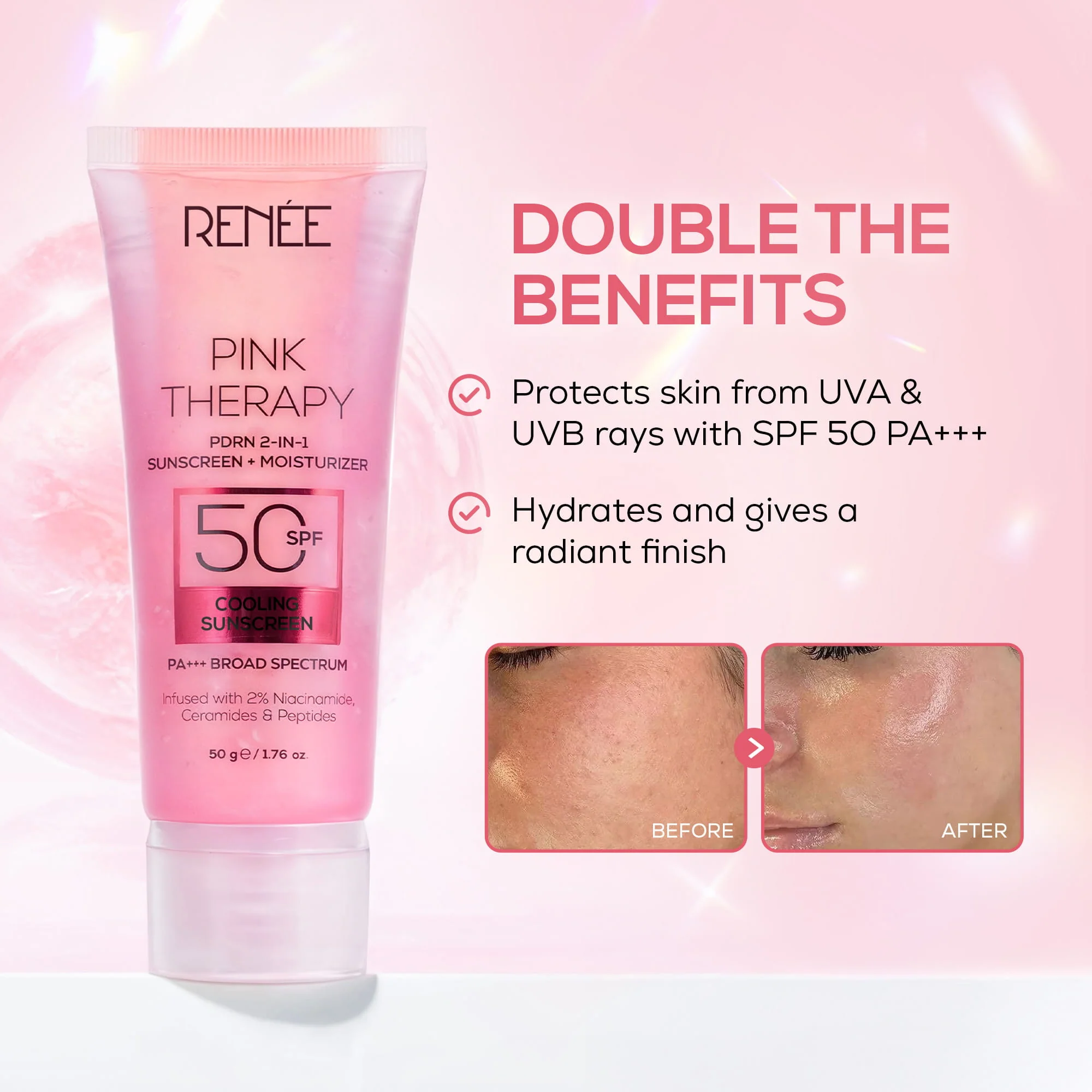 RENEE Pink Therapy PDRN 2-In-1 Sunscreen + Moisturizer | In-Vivo Tested SPF 50 PA+++ With 2% Niacinamide, Ceramides & Peptides, 50g - Image 4