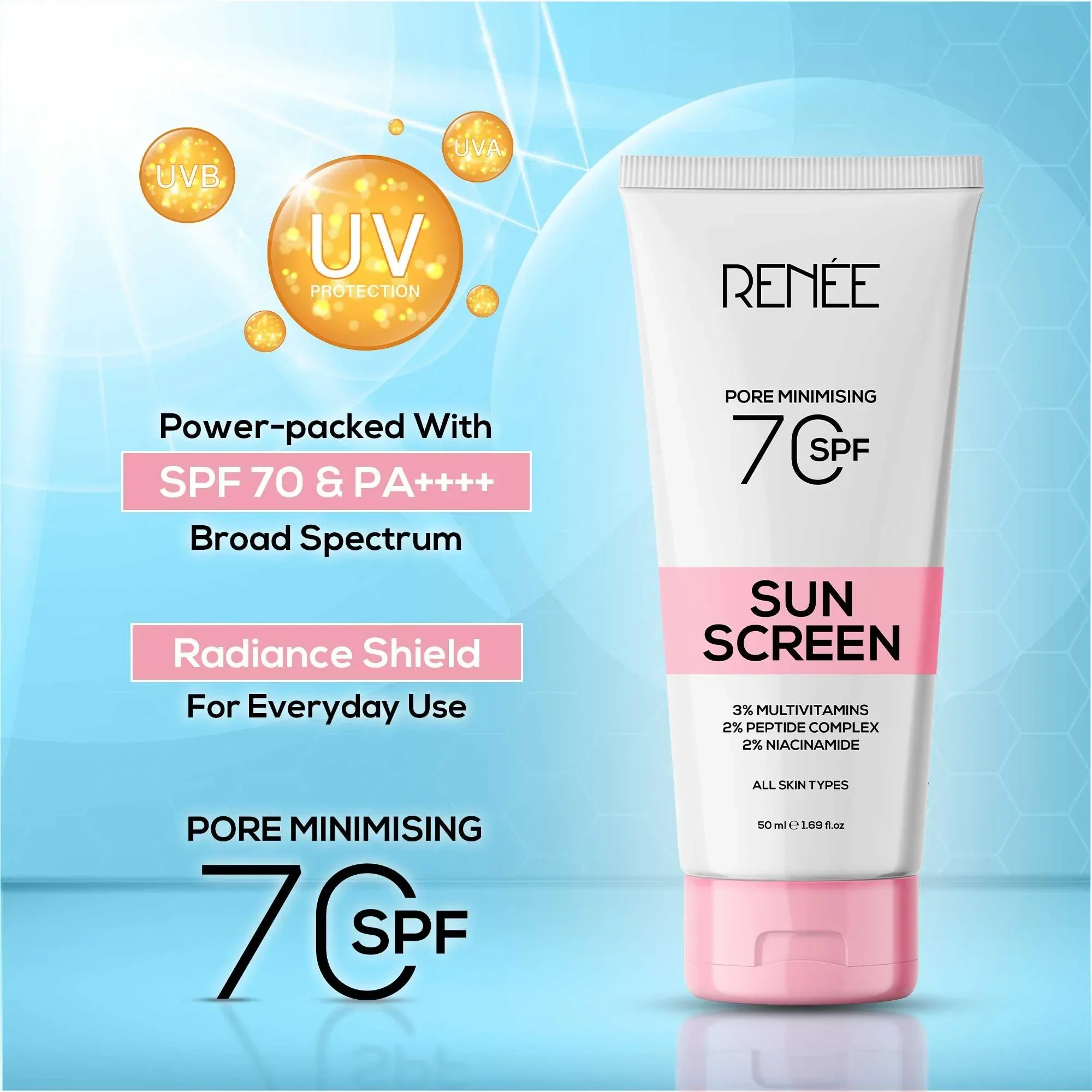 RENEE Pore Minimizing Sunscreen SPF 70 With 2% Niacinamide, 2% Peptide Complex & 3% Multivitamins, 50Ml - Image 3